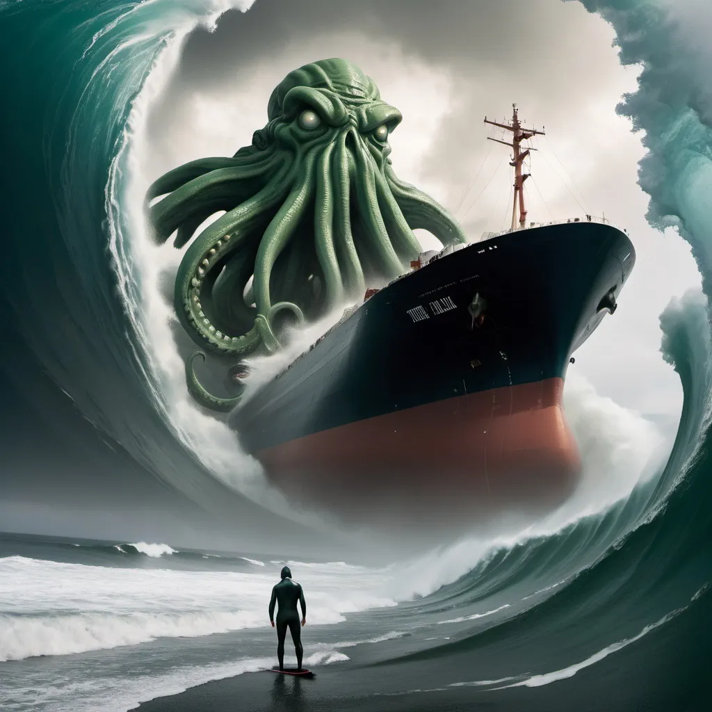 Prompt: cthulu surfing the largest giant tsunami wave, ULCC supertanker in foreground, overhead lighting, wide angle view, infinity vanishing point