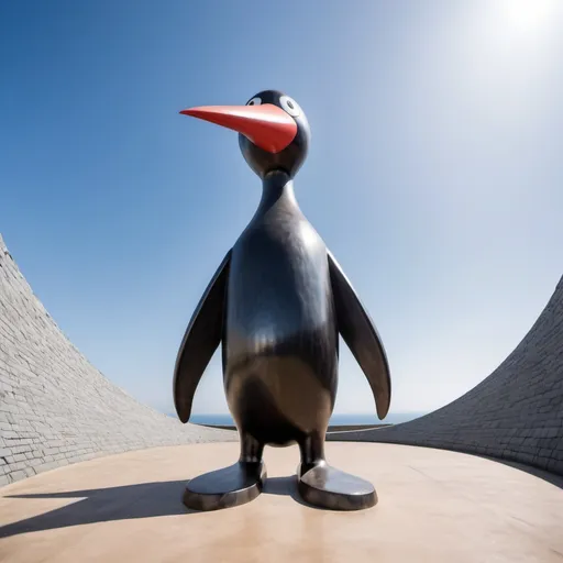 Prompt: giant metal pingu statue, wide angle view, surreal background, infinity vanishing point