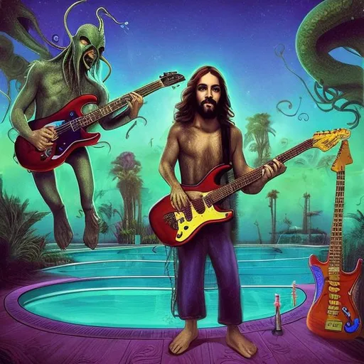 Prompt: jesus band playing guitars at an exotic poolside patio barbeque grill, infinity vanishing point, cthulhu nebula background