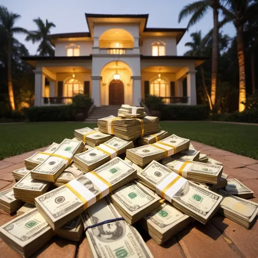 Prompt: stolen money pile, outdoors exotic mansion background, overhead golden lighting, wide angle view, infinity vanishing point