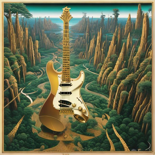 Prompt: ((((domu playing guitar) gold statue inlaid with emeralds) in the style of Jacek Yerka) infinity vanishing point) wide perspective view