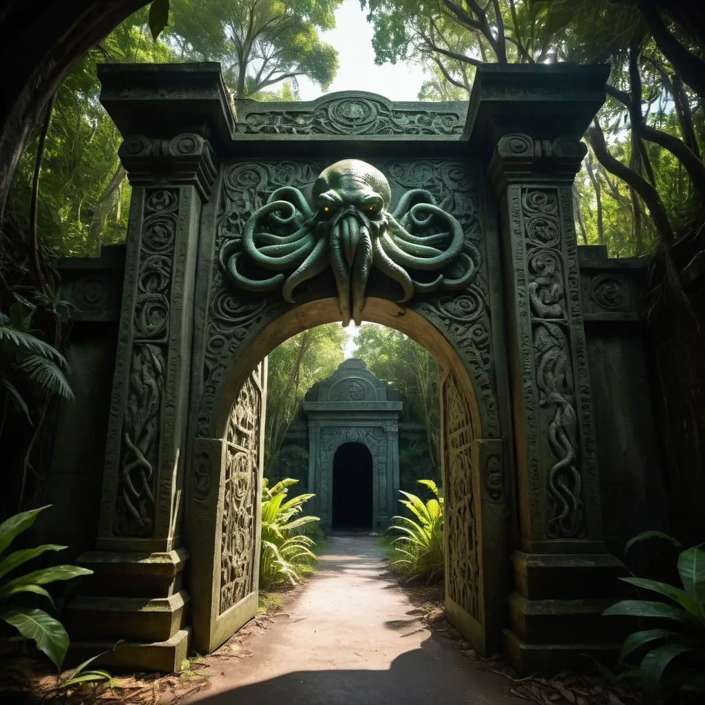 Prompt: in the jungle, an ancient bas relief gate of cthulhu, overhead lighting shadows, wide angle view, infinity vanishing point