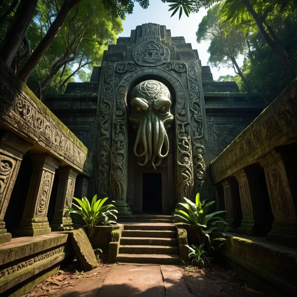 Prompt: in the jungle, an ancient bas relief temple of cthulhu, overhead lighting shadows, wide angle view, infinity vanishing point