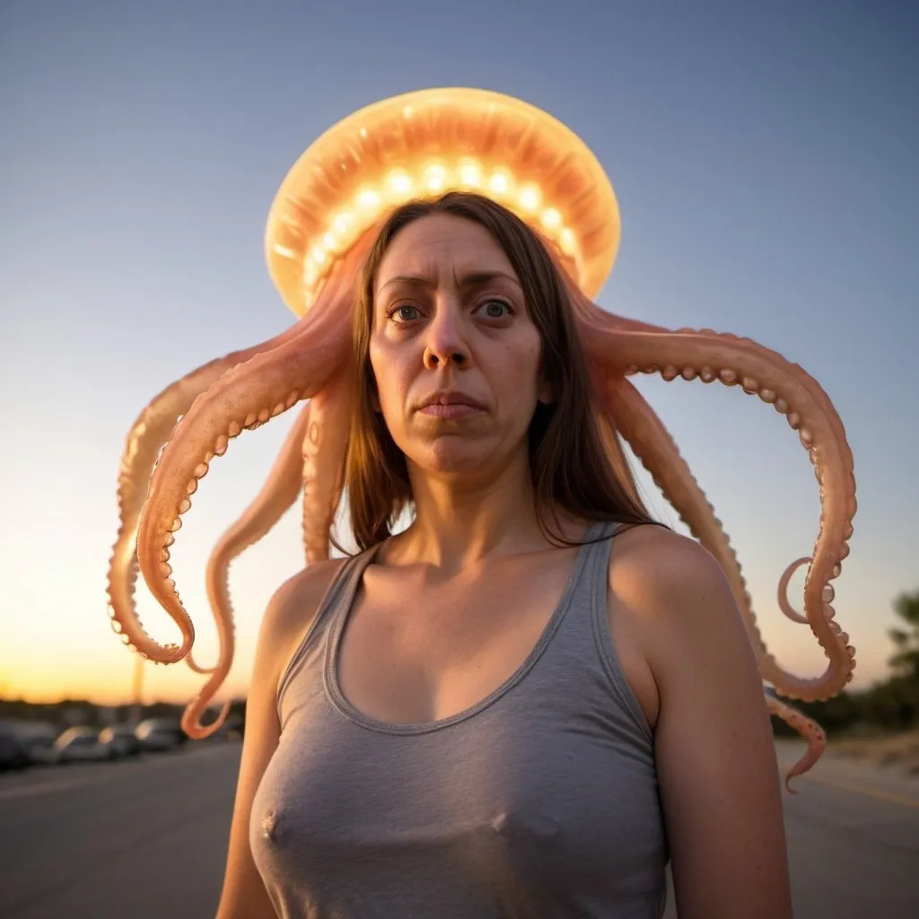 Prompt: the ugliest squid woman on earth, golden hour outdoor overhead lighting, extra wide angle view, infinity vanishing point