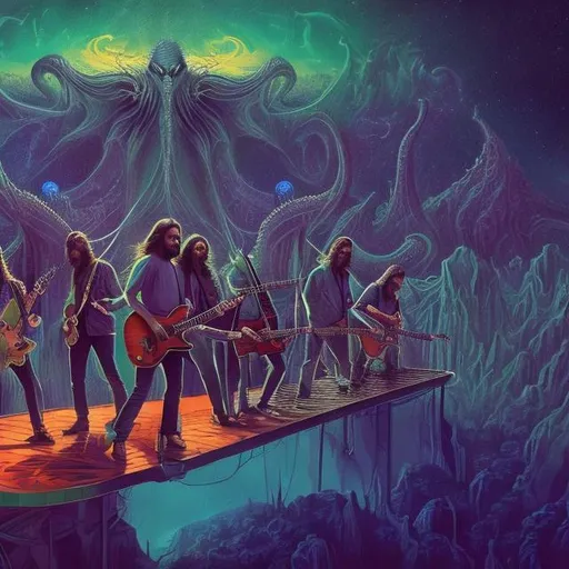 Prompt: wide image of a jesus band playing guitars, at an exotic rooftop with an infinity pool, infinity vanishing point, cthulhu nebula background