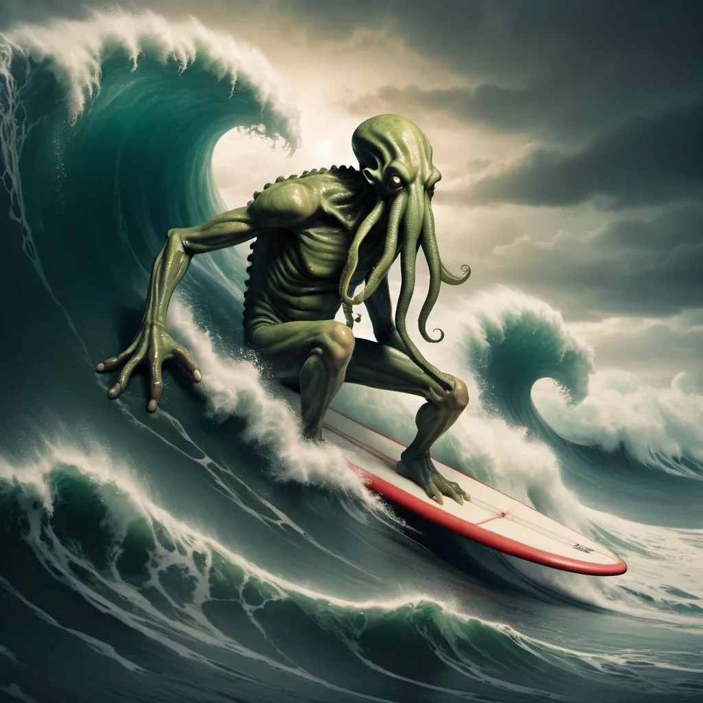 Prompt: cthulu surfing the crest of a tsunami wave, overhead lighting, wide angle view, infinity vanishing point