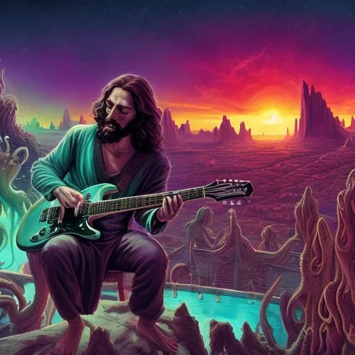 Prompt: wide view of jesus playing guitar and the twelve apostles playing guitars, at an exotic rooftop infinity pool, infinity vanishing point, cthulhu nebula background