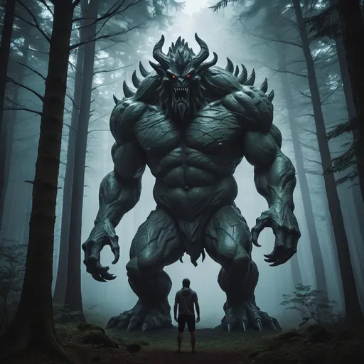 Prompt: giant monster statue in a dark forest
