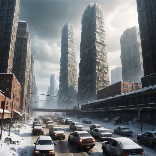 Prompt: infinite rush hour traffic, crystal skyscraper city, post apocalyptic, blizzard climate