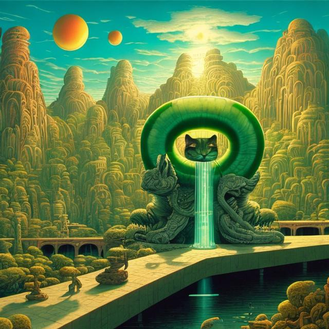 Prompt: widescreen view, infinity vanishing point, giant jade statue of giant cat playing a guitar, in the style of Jacek Yerka