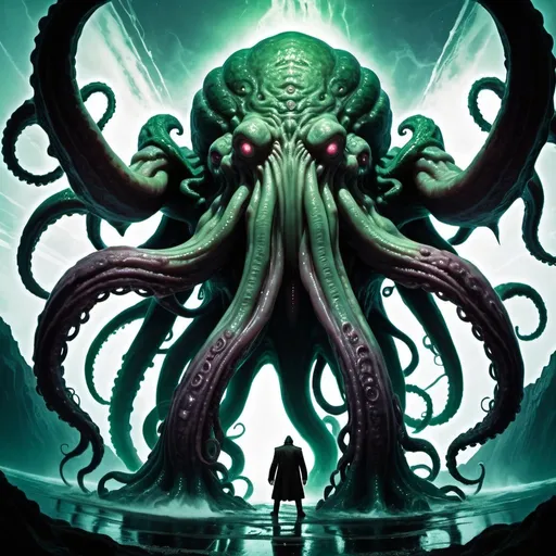Prompt: a giant Yog-Sothoth AND a giant Cthulhu, battling with each other, wide angle view, infinity vanishing point