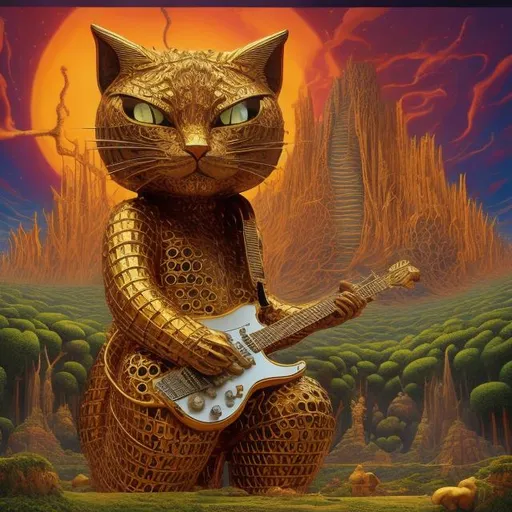 Prompt: gold statue of giant cat playing a guitar, widescreen view, infinity vanishing point, in the style of Jacek Yerka