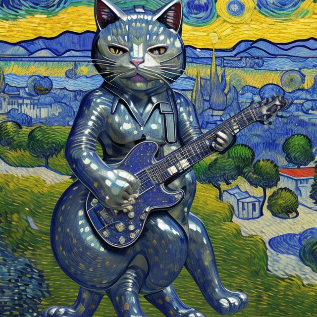 Prompt: ((((giant cat playing guitar) chrome statue inlaid with sapphires) in the style of Van Gogh) wide perspective view) infinity vanishing point