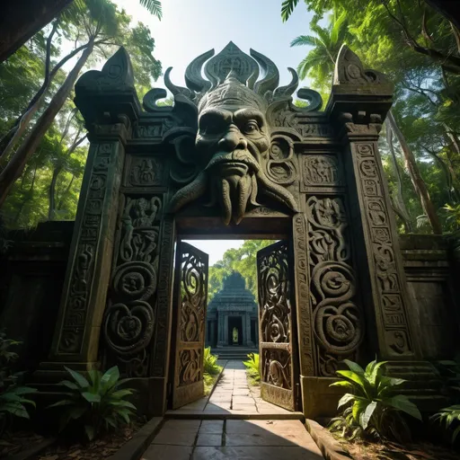 Prompt: in the jungle, a giant ancient bas relief covered gate to the temple of cthulhu, overhead lighting shadows, wide angle view, infinity vanishing point