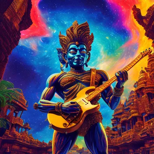 Prompt: wide view of a lazurite bodybuilding vishnu playing guitar at an exotic temple, tropical jungle background, galaxy sky, infinity vanishing point