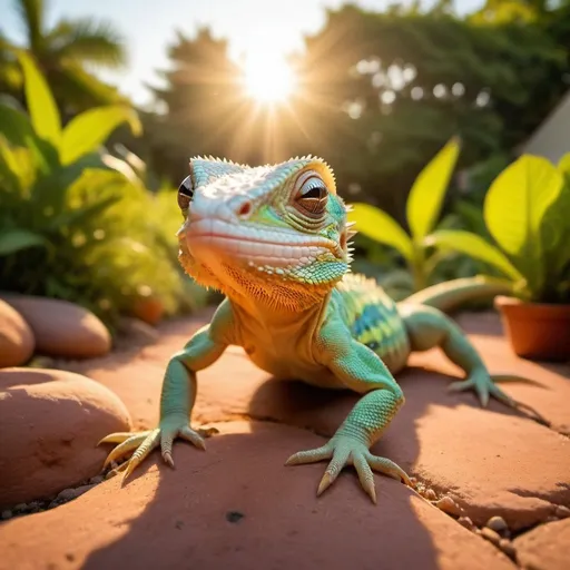 Prompt: happy lizard on fire, lush gardens, overhead golden hour lighting, extra wide angle field of view, infinity vanishing point