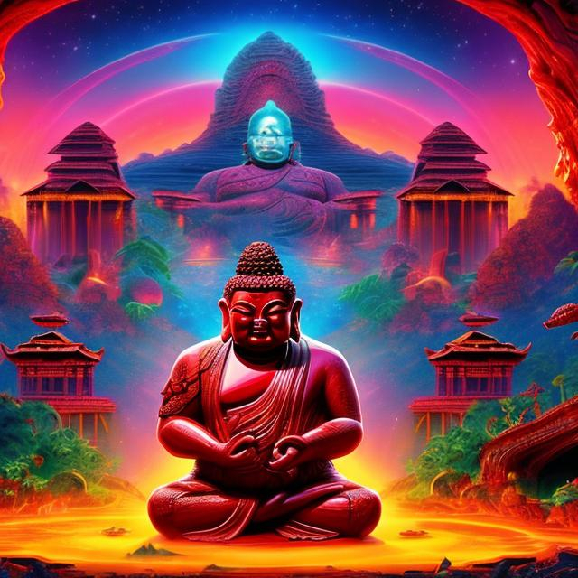 Prompt: widescreen letterbox style image of a ruby bodybuilding buddha playing guitars in front of an exotic alien temple, tropical jungle background, galaxy sky, infinity vanishing point