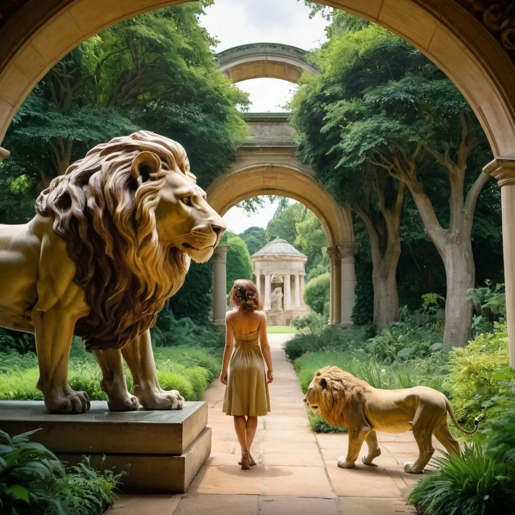 Prompt: Una and the Lion, by William Wyon, lush background, wide angle view, infinity vanishing point