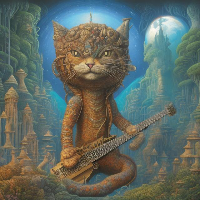 Prompt: giant quartz cat playing a sitar, widescreen view, infinity vanishing point, in the style of Jacek Yerka