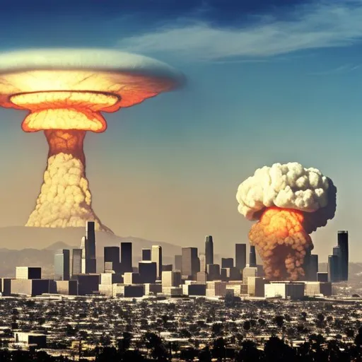 Prompt: los angeles skyline, nuclear test blast background