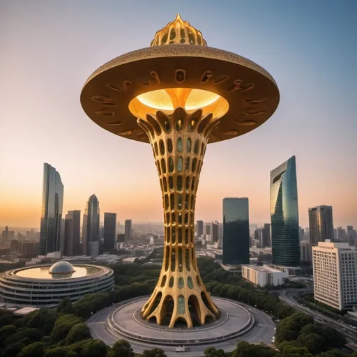 Prompt: strange 1000 meter tall supergiant amoeba statue, elegant lush skyscraper skyline background, overhead golden hour lighting, extra wide angle field of view, infinity vanishing point