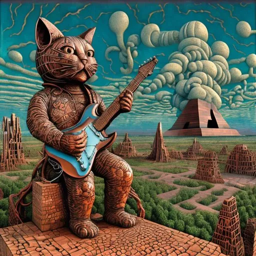 Prompt: giant acid etched copper statue of a giant cat playing guitar, in the style of Jacek Yerka, wide perspective view, infinity vanishing point