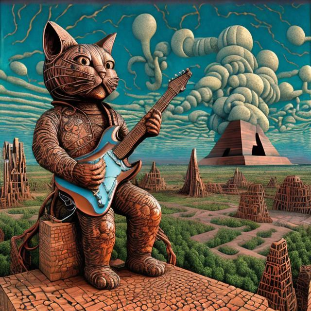 Prompt: giant acid etched copper statue of a giant cat playing guitar, in the style of Jacek Yerka, wide perspective view, infinity vanishing point