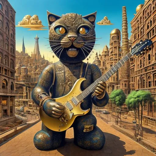 Prompt: giant iron statue damascened with gold, of a giant cat playing guitar, in the style of Jacek Yerka, wide perspective view, infinity vanishing point