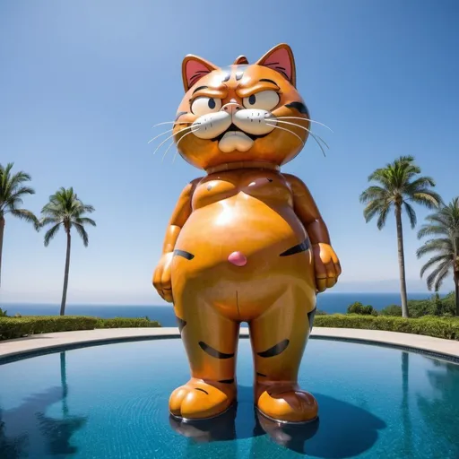 Prompt: giant garfield the cat metal statue in a swimsuit, large wide infinity pool, wide angle view, infinity vanishing point