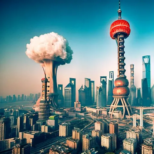 Prompt: shanghai skyline, nuclear test blast background