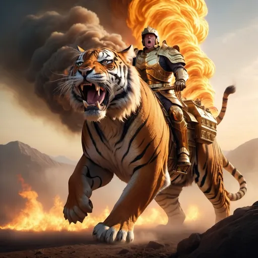 Prompt: Trump riding the biggest giant firebreathing armored war-tiger in the world, overhead golden hour lighting, foggy wide angle view, infinity vanishing point