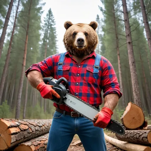 Prompt: brown bear lumberjack holding an accurate chainsaw, wearing a red flannel shirt and blue denim pants, wide angle perspective, deep forest background, infinity vanishing point