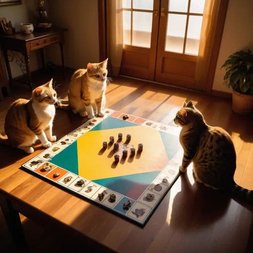 Prompt: cats playing a complicated exotic board game, golden hour overhead lighting, extra wide angle view, infinity vanishing point