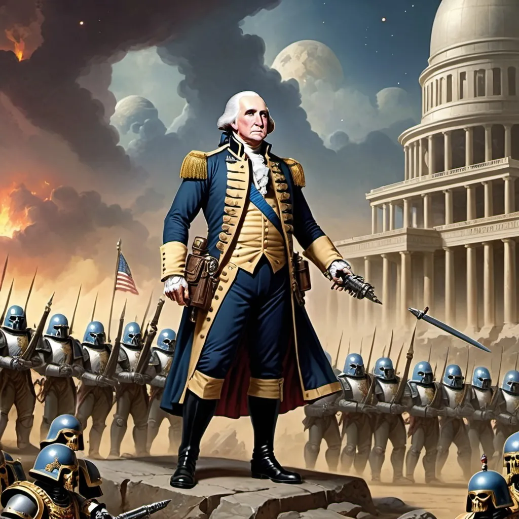 Prompt: george washington is the warhammer emperor, year 40000 AD, wide palace background with space marines