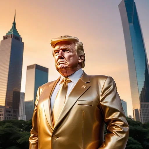 Prompt:  strange supergiant Donald Trump statue, elegant lush skyscraper skyline background, overhead golden hour lighting, extra wide angle field of view, infinity vanishing point