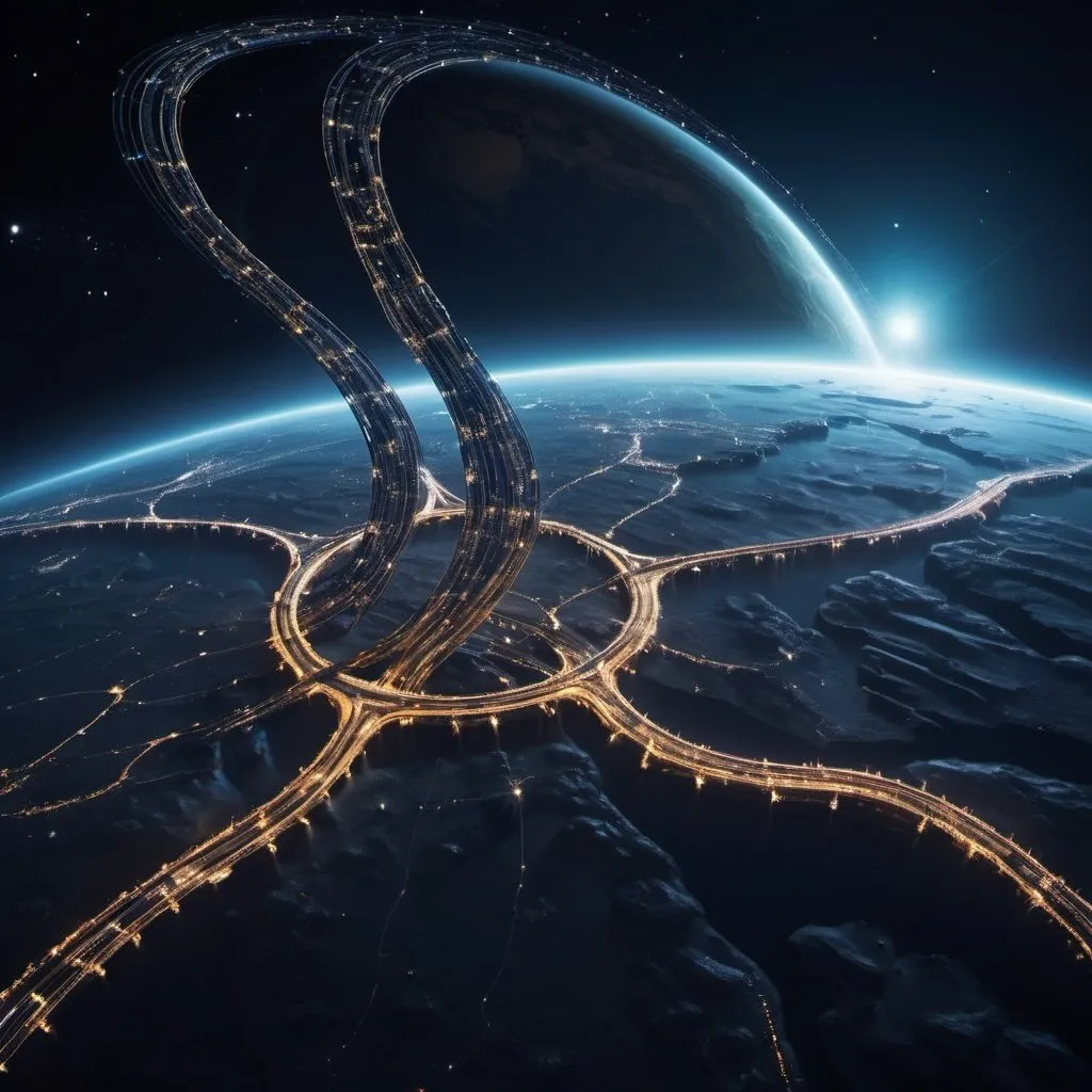 Prompt: view from orbit at night, of a superhighway network, around a planet shaped like a cat