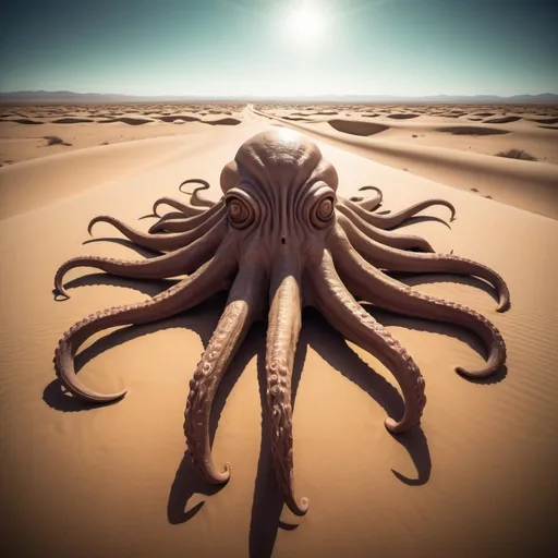 Prompt: giant desert cthulu, overhead lighting, wide angle view, surreal background proportions, infinity vanishing point