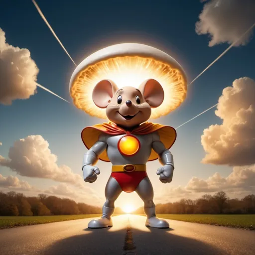 Prompt: Mighty Mouse saving the world from artificial intelligence, distant mushroom cloud, golden hour overhead lighting, extra wide angle view, infinity vanishing point