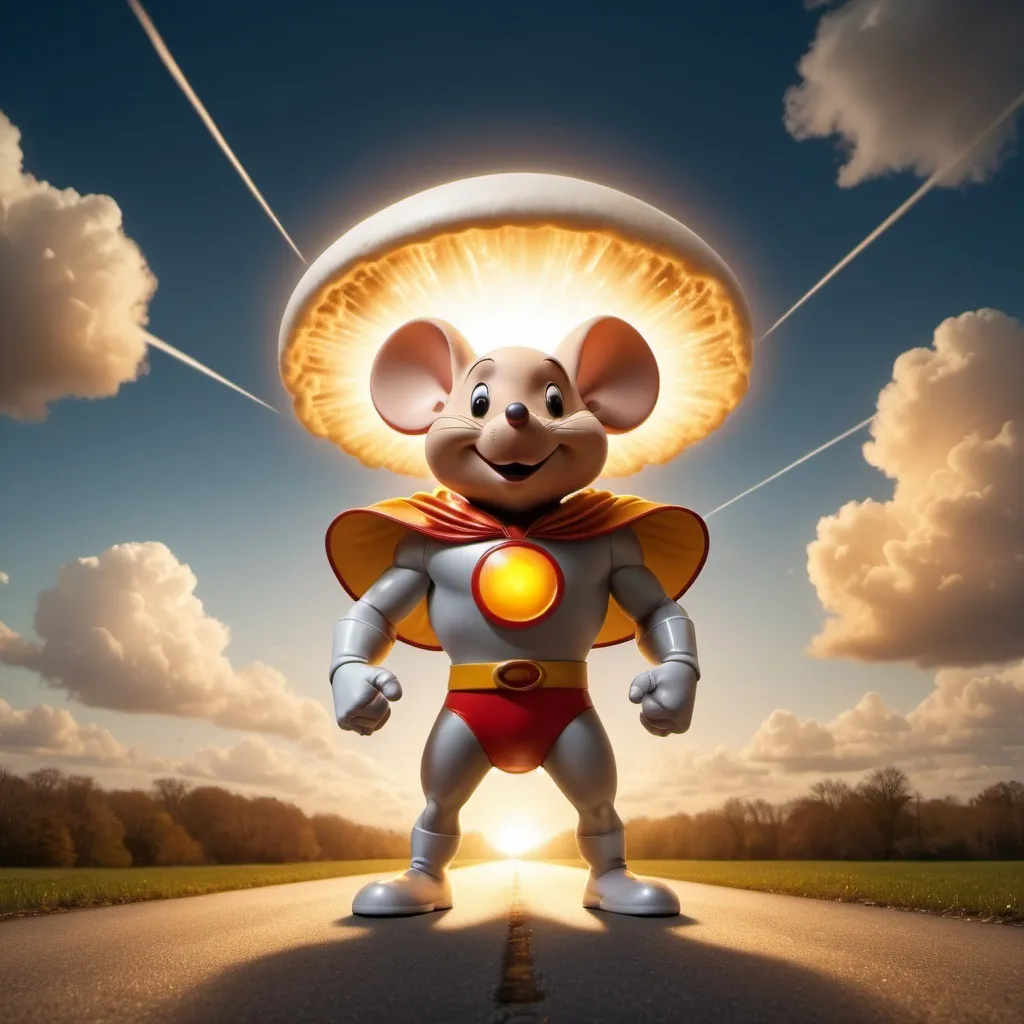 Prompt: Mighty Mouse saving the world from artificial intelligence, distant mushroom cloud, golden hour overhead lighting, extra wide angle view, infinity vanishing point