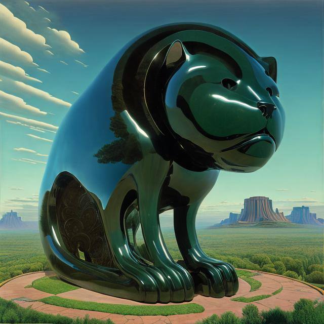 Prompt: ((((giant cat playing guitar) obsidian  statue inlaid with green jade) in the style of Jacek Yerka) wide perspective view) infinity vanishing point