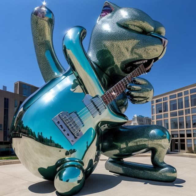 Prompt: ((((giant cat playing guitar) green chrome statue inlaid with diamonds) in the style of Jeff Koons) wide perspective view) infinity vanishing point