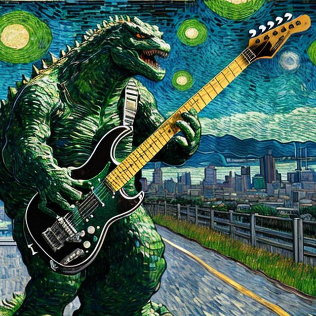 Prompt: ((((godzilla playing guitar) chrome statue inlaid with emeralds) in the style of Van Gogh) infinity vanishing point) wide perspective view