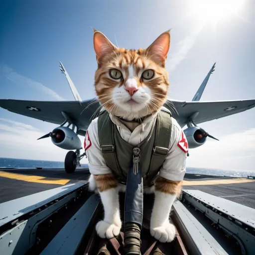 Prompt: Kamikaze Cat pilot, flying in a Yokosuka MXY-7 Ohka, wide angle perspective, surreal aircraft carrier background, infinity vanishing point