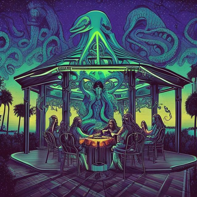 Prompt: widescreen, jesus band playing guitars at a poolside patio gazebo barbeque grill, infinity vanishing point, Cthulhu nebula background