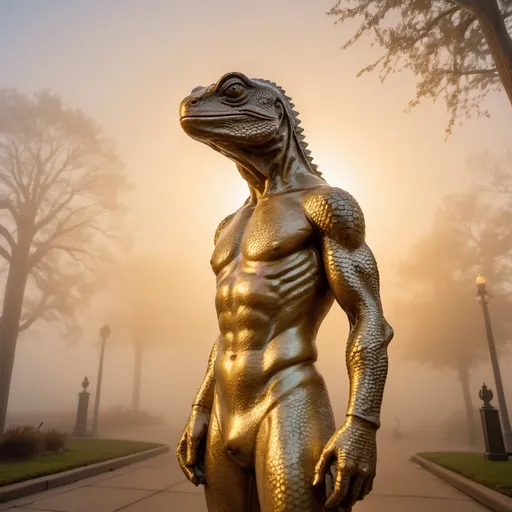 Prompt: guilty lizard person statue, overhead golden hour lighting, foggy wide angle view, infinity vanishing point