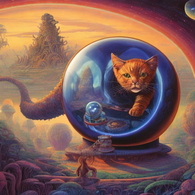 Prompt: panorama widescreen view of a giant sapphire cat playing a sitar, infinity vanishing point, in the style of Jacek Yerka