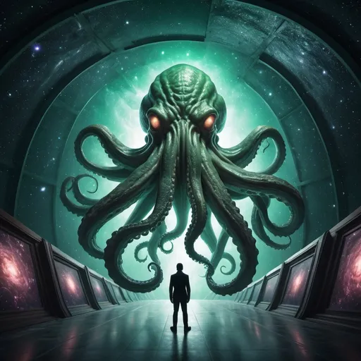 Prompt: giant galaxy cthulu, overhead lighting, wide angle view, surreal background proportions, infinity vanishing point