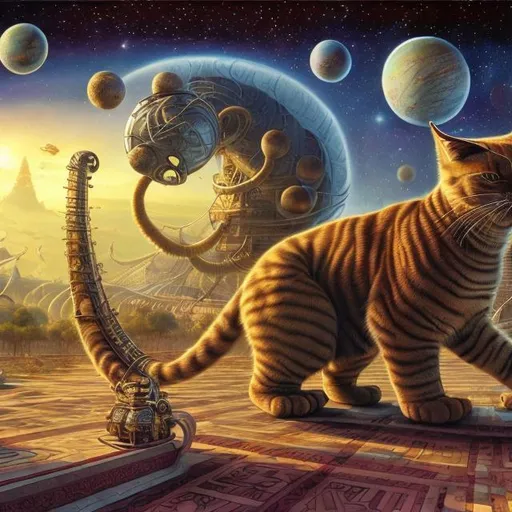 Prompt: panorama widescreen view of a giant cat playing a sitar, infinity vanishing point, in the style of Jacek Yerka