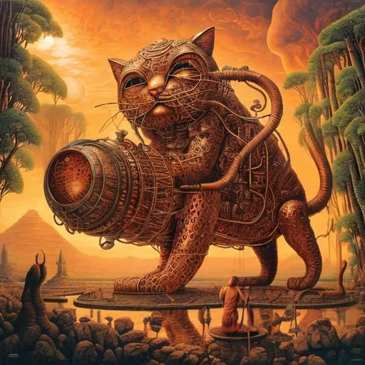 Prompt: giant copper cat playing a sitar, widescreen view, infinity vanishing point, in the style of Jacek Yerka