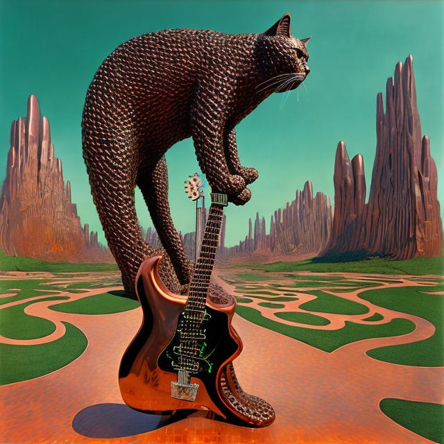 Prompt: ((((giant cat playing guitar) copper statue inlaid with emeralds) in the style of Jacek Yerka) wide perspective view) infinity vanishing point